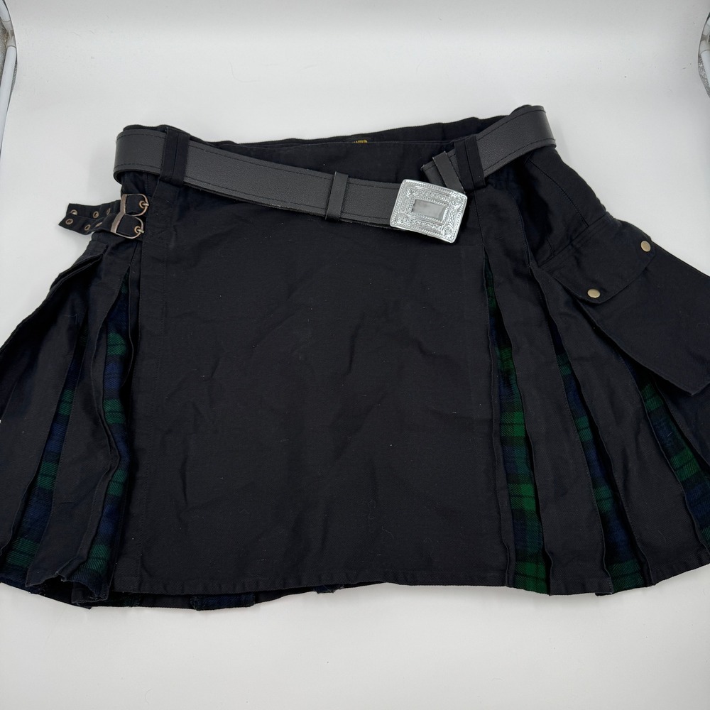 DSS Kilts‎ Mens Black Utility Kilt Tartan Pleats Cargo Pocket w/Belt Size 56 44W